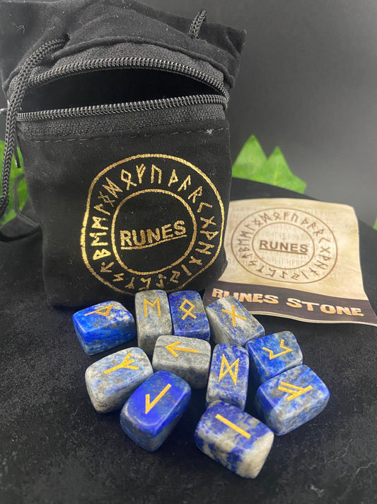 Lapis Lazuli Rune Set with Black Pouch