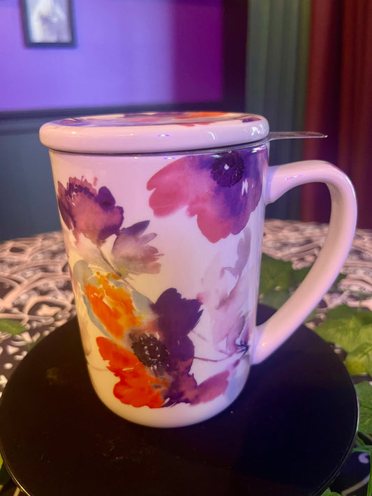 Purple Flower Teacup With Strainer
