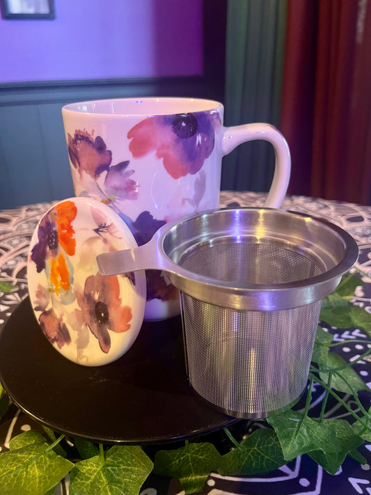 Purple Flower Teacup With Strainer