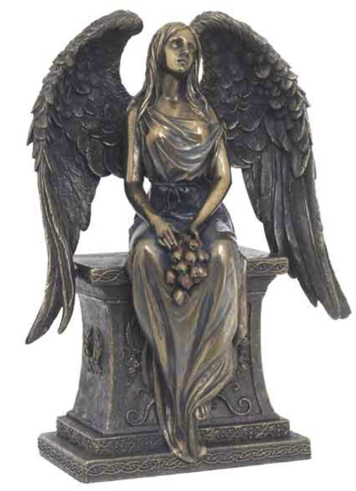 Bronze Angel with Roses Sitting on a Tombstone