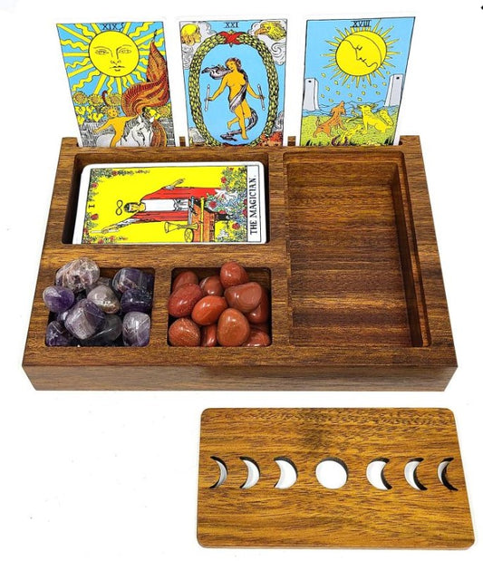 Wooden Tarot Card Holder with Moon Phases