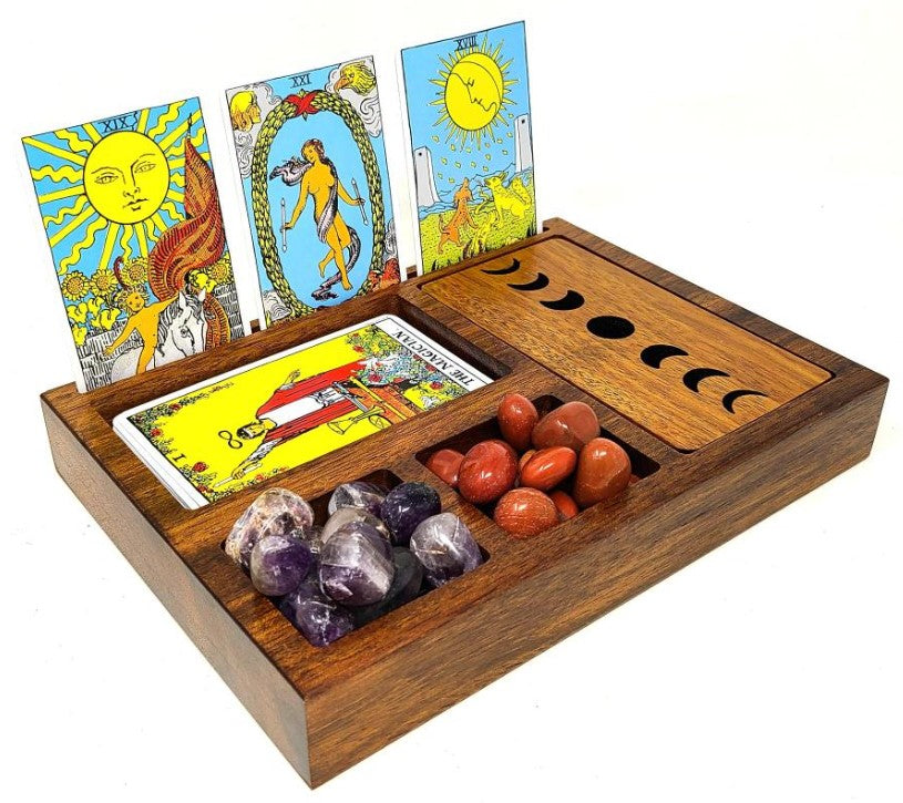 Wooden Tarot Card Holder with Moon Phases
