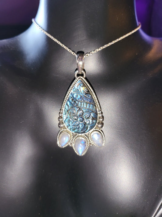 Carved Labradorite and 3 Drop Moonstone Sterling Necklace