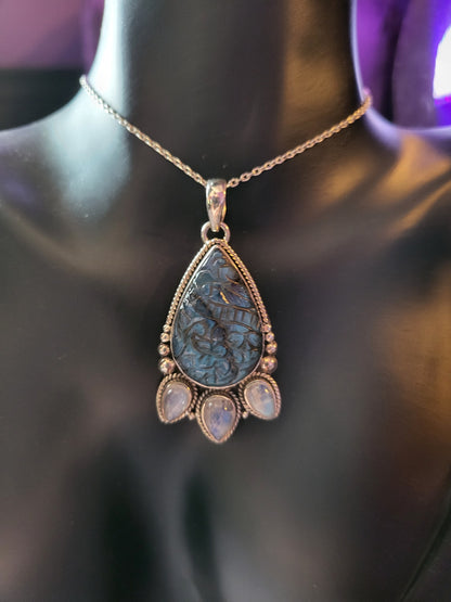 Carved Labradorite and 3 Drop Moonstone Sterling Necklace