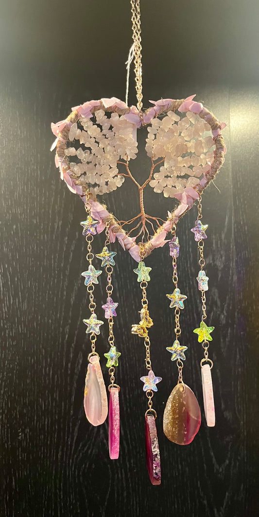 Heart-Shaped Tree of Life Suncatcher – Rose Quartz & Copper