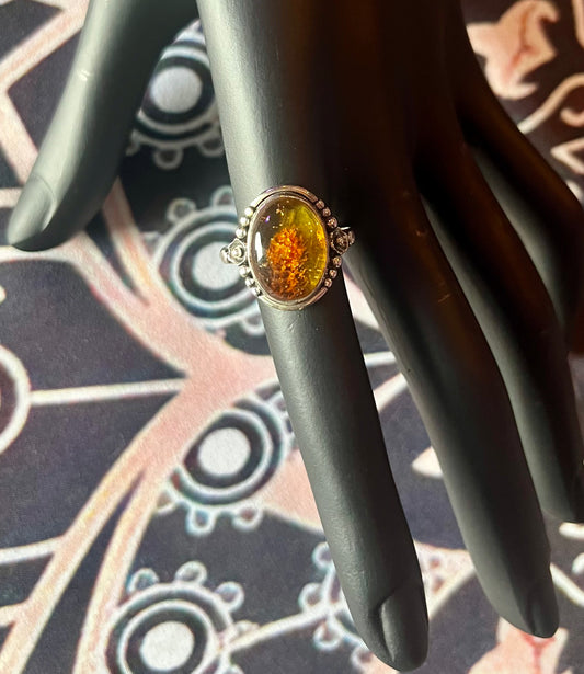 Large Oval Amber with Flowers Ring