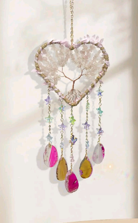 Heart-Shaped Tree of Life Suncatcher – Rose Quartz & Copper